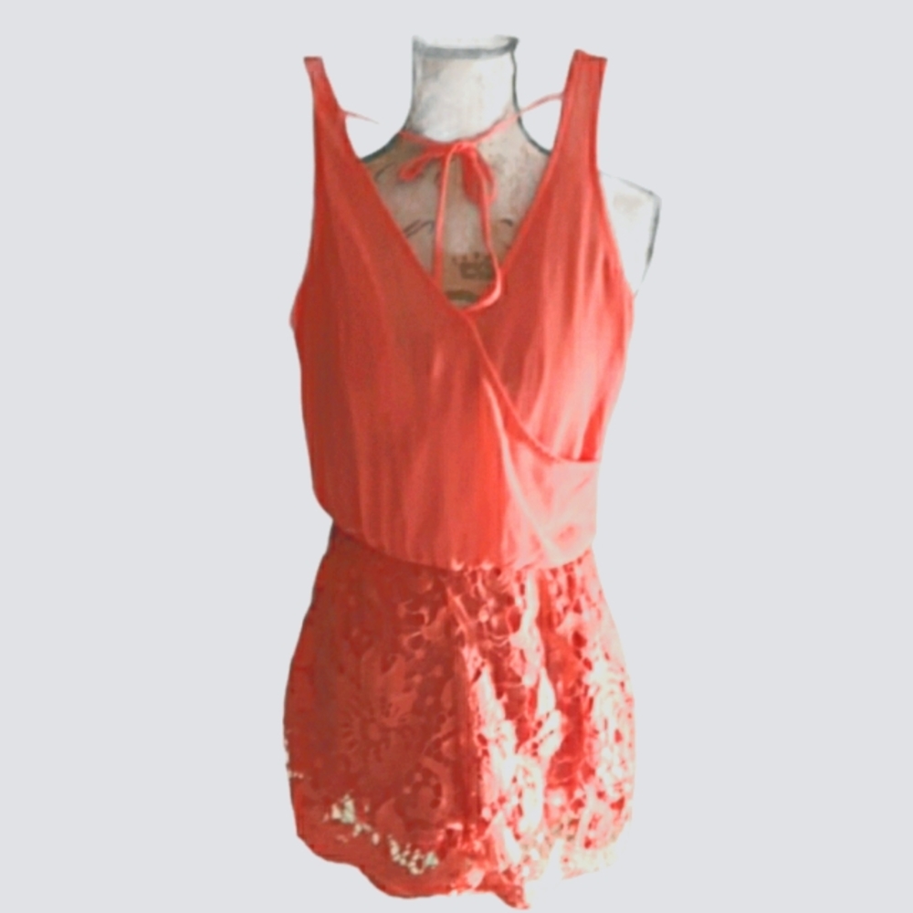 New Orange Mini Cutout Shorts Romper Lacy